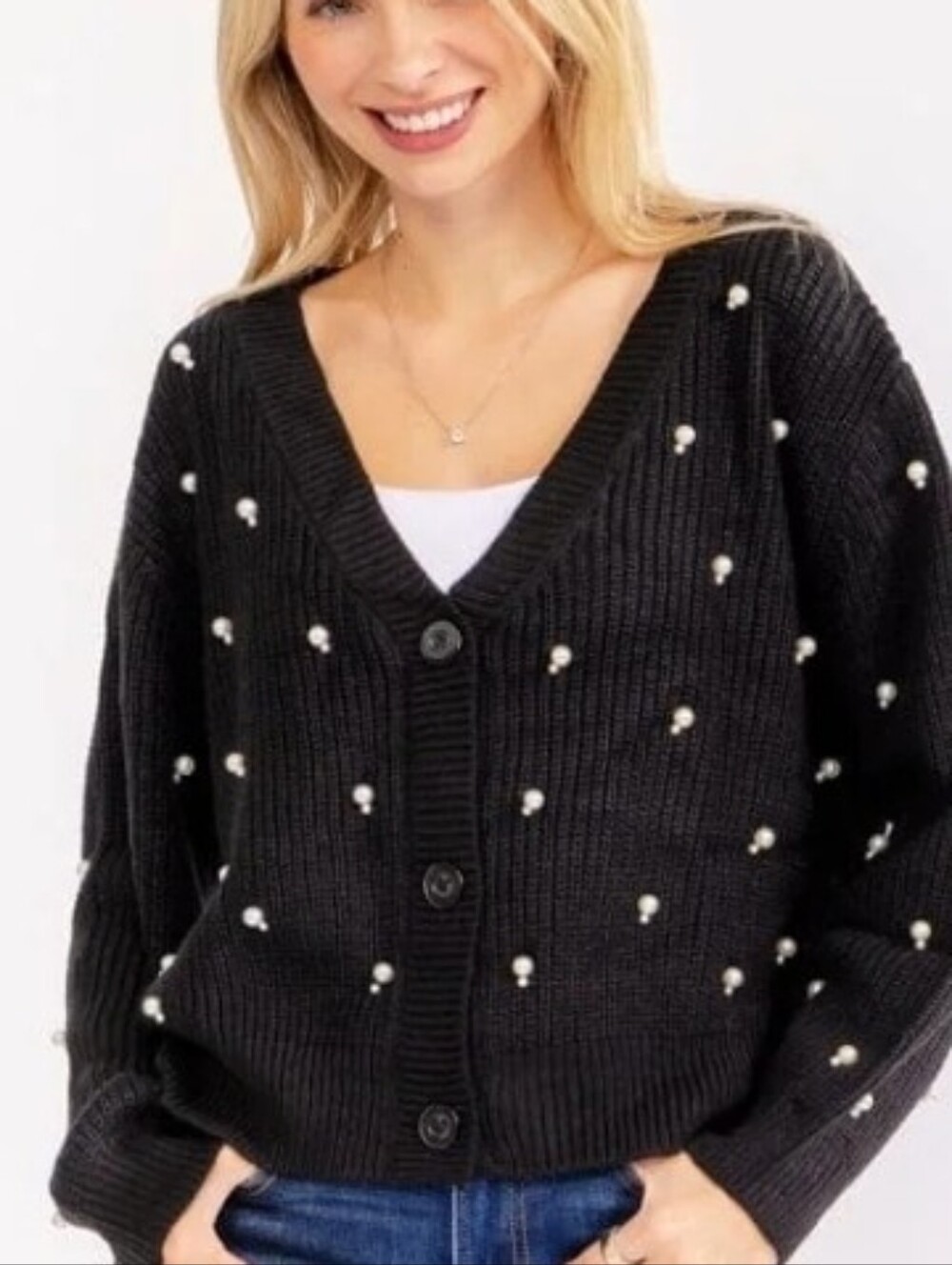 Size S FORE Black Pearl Embellished Button Front Cardigan Oversized NWT